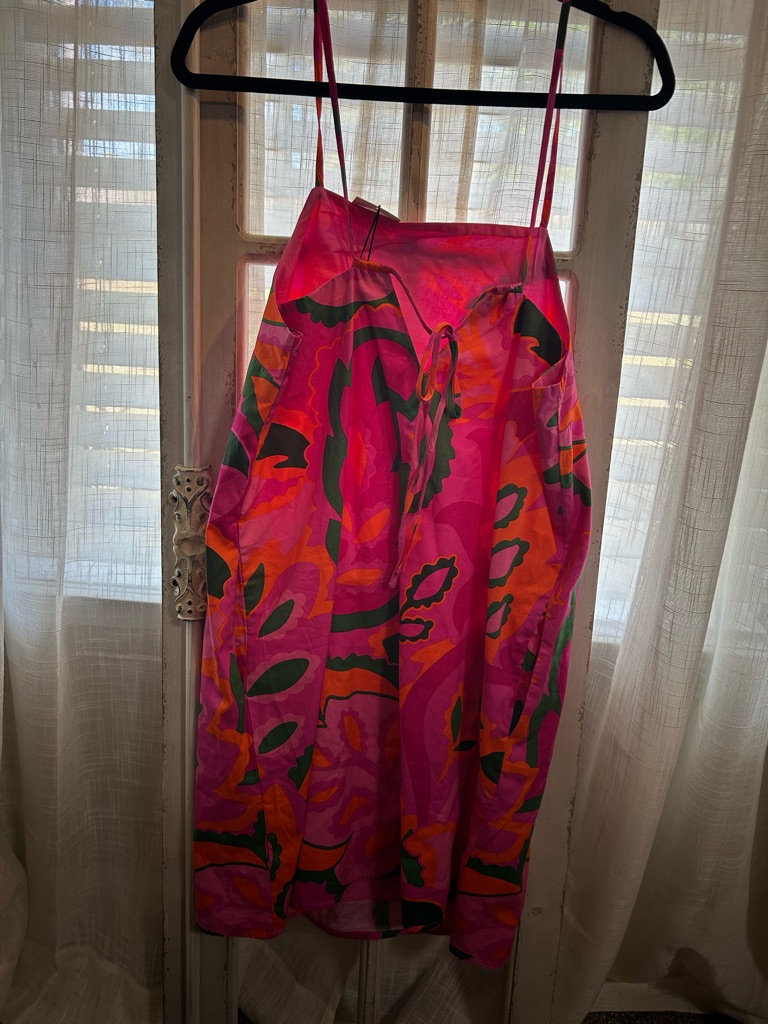 Avara Bright Pink Orange Tropical Farm Rio Inspired A Line Dress Cruise Resort — image 2 of 6